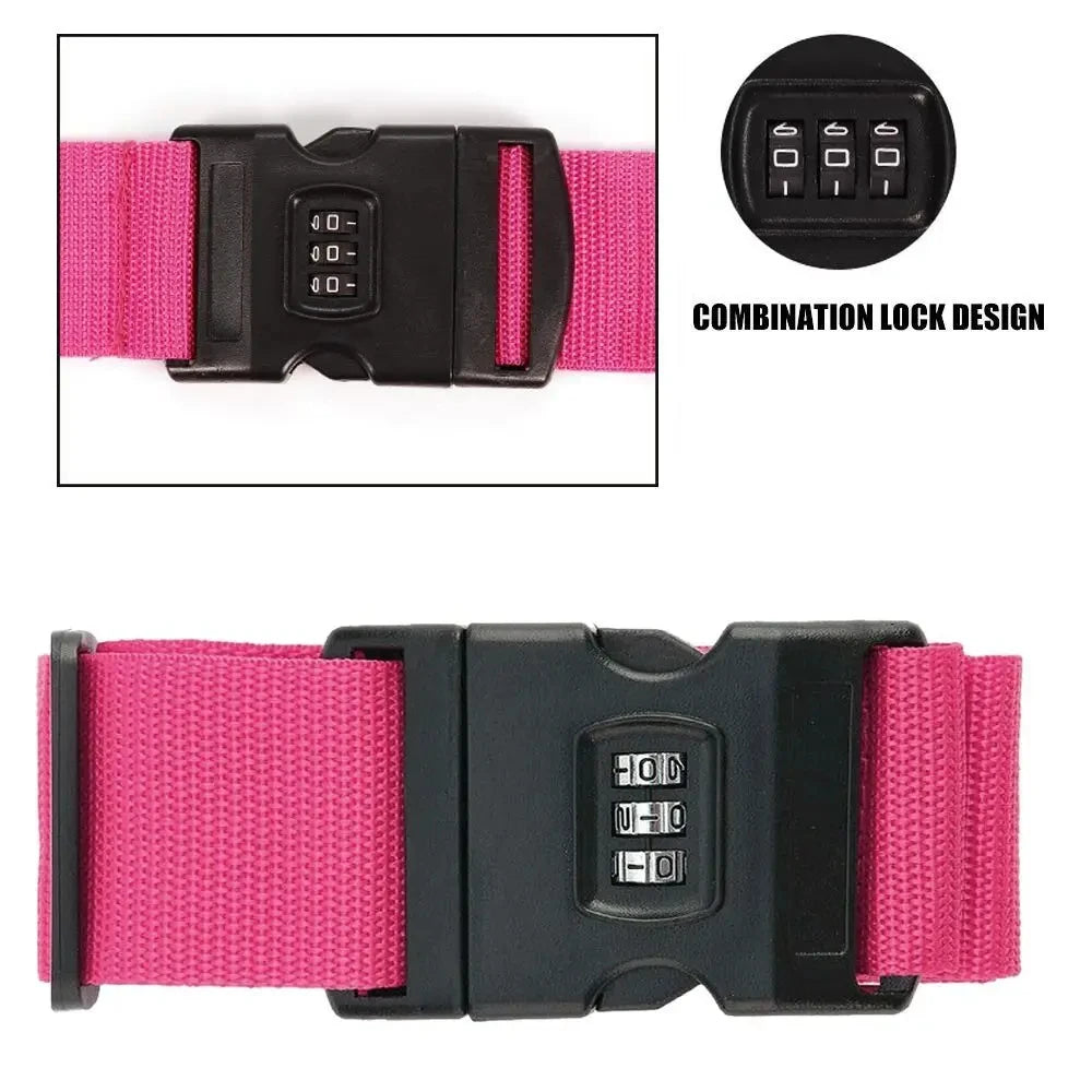 A black luggage security strap with a pink nylon webbing and a combination lock design.