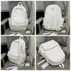 A white polka dot nylon travel backpack is shown from multiple angles on a gray chair.