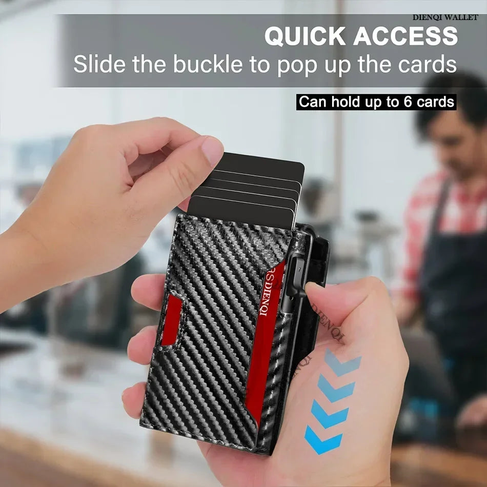 A hand holds a black carbon fiber slim wallet with a red accent, demonstrating quick access to cards.