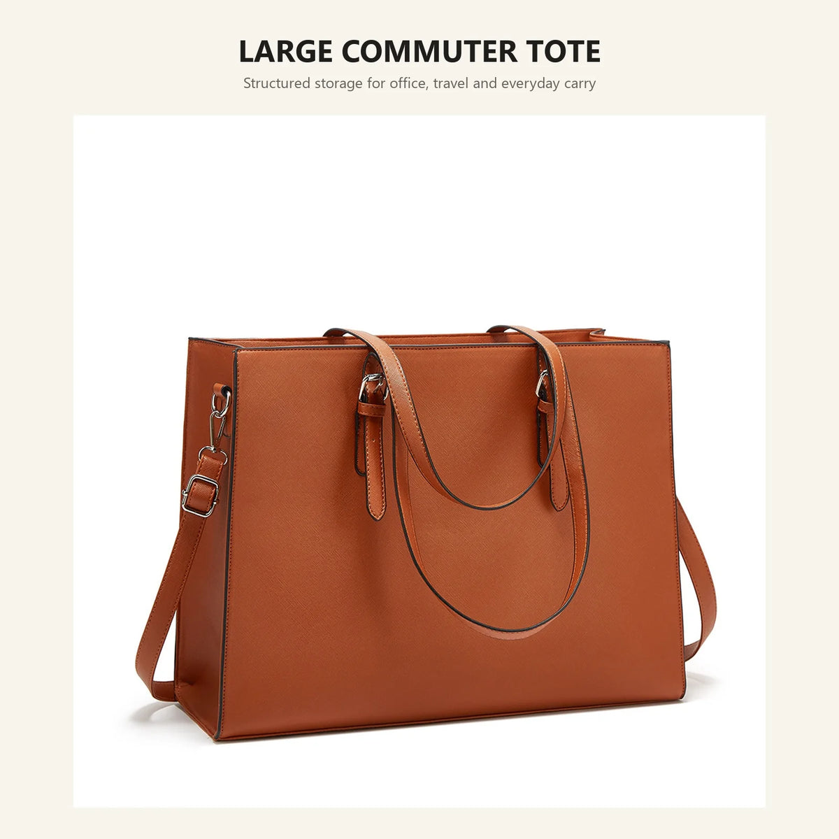 A large, structured brown leather tote bag designed for carrying office items and daily essentials.