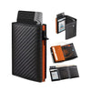 A black slim aluminum pop-up card holder with various card slots and an RFID blocking feature.