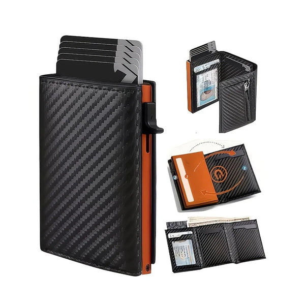 A black slim aluminum pop-up card holder with various card slots and an RFID blocking feature.