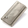 A silver-toned genuine leather women's wallet with a zippered compartment and phone pocket.
