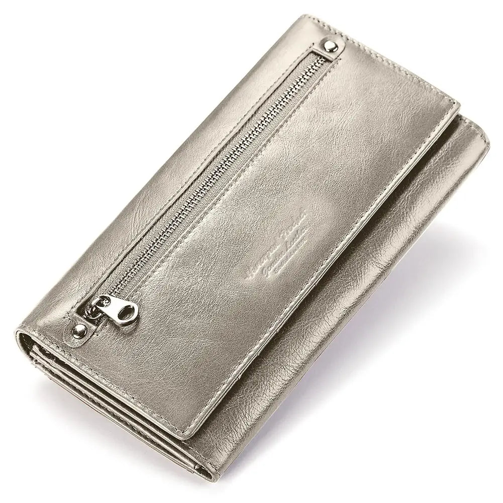 A silver-toned genuine leather women's wallet with a zippered compartment and phone pocket.