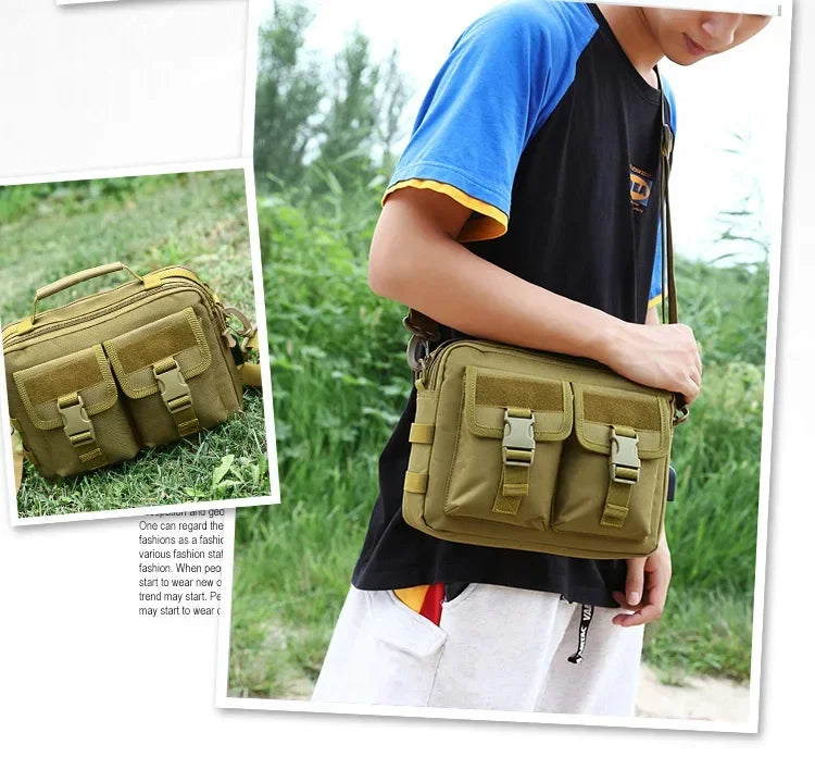 A young man wearing a olive green tactical multifunction fanny pack and black shirt outdoors.