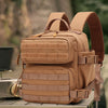 A tan tactical MOLLE backpack with multiple compartments is shown resting on a surface.