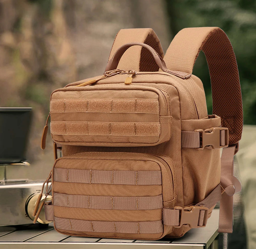 A tan tactical MOLLE backpack with multiple compartments is shown resting on a surface.