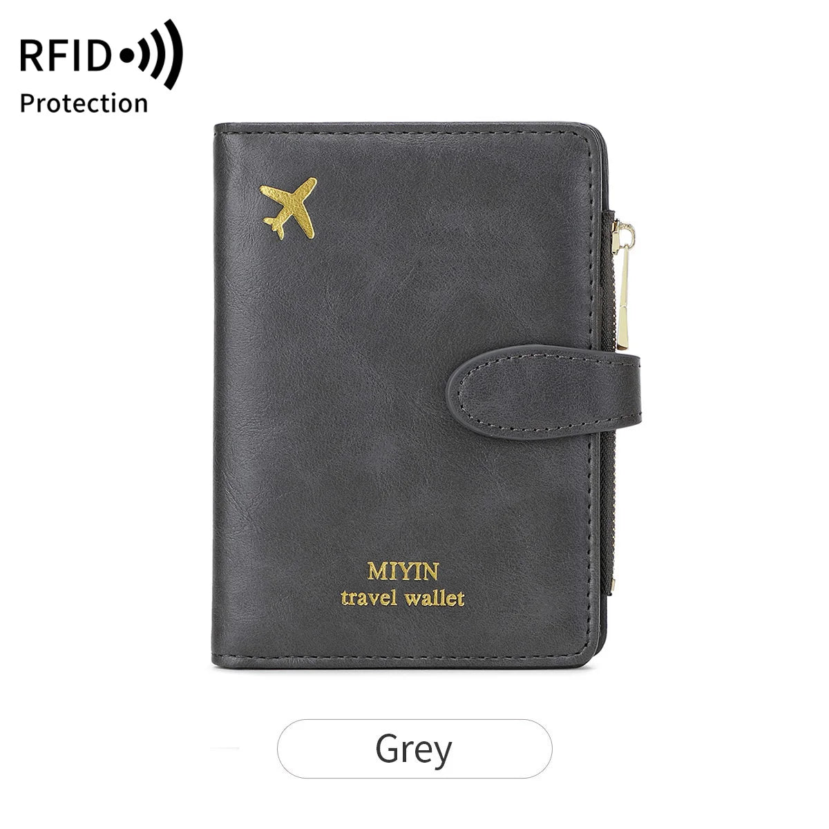 A dark grey multi-functional PU leather travel wallet with a gold airplane emblem.