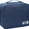 A dark blue portable digital organizer storage pouch with a zipper and power icons printed on the front.