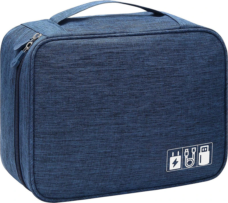 A dark blue portable digital organizer storage pouch with a zipper and power icons printed on the front.