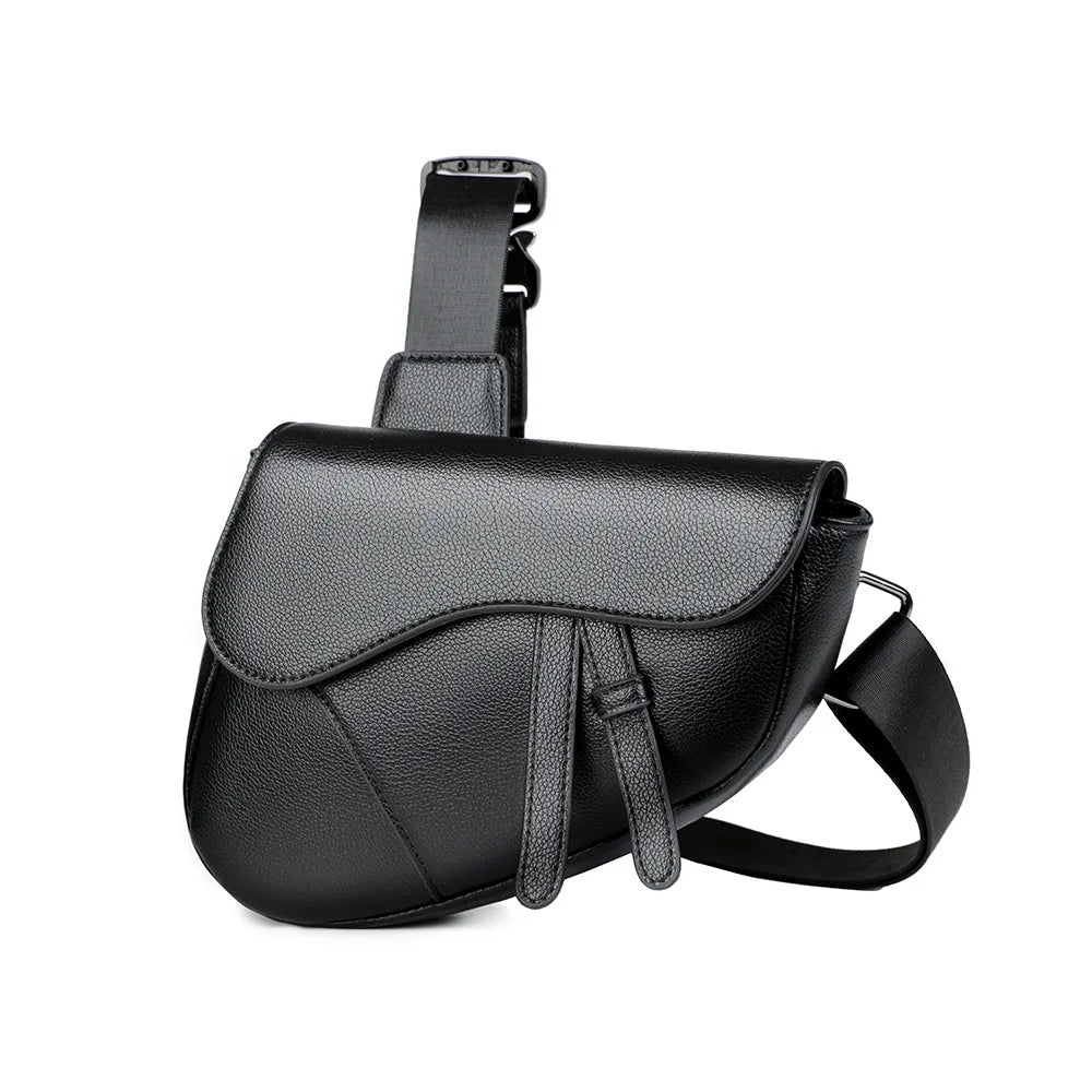 Black men's solid color chest bag with a strap shown from the side.