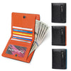 An orange RFID-blocking bi-fold wallet displaying cash and cards, next to a black carbon fiber card holder.