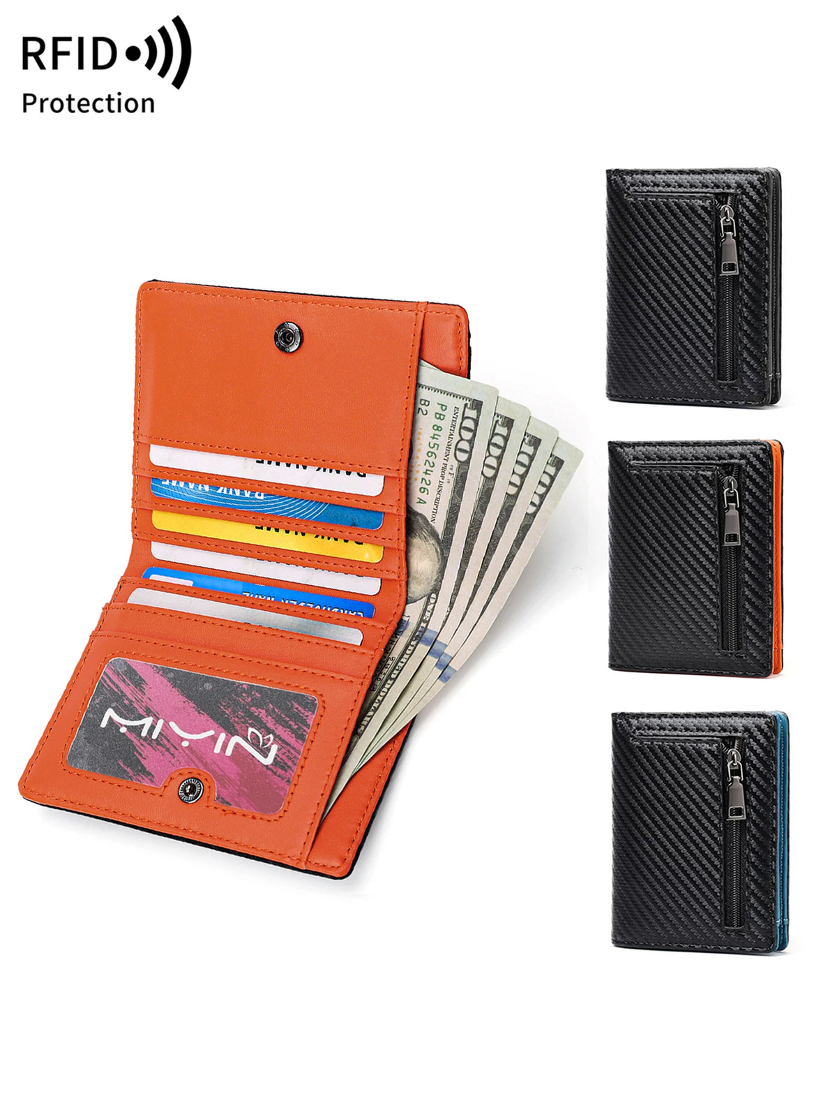 An orange RFID-blocking bi-fold wallet displaying cash and cards, next to a black carbon fiber card holder.