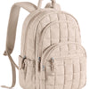 A beige quilted laptop backpack with a padded shoulder strap is shown from the back.