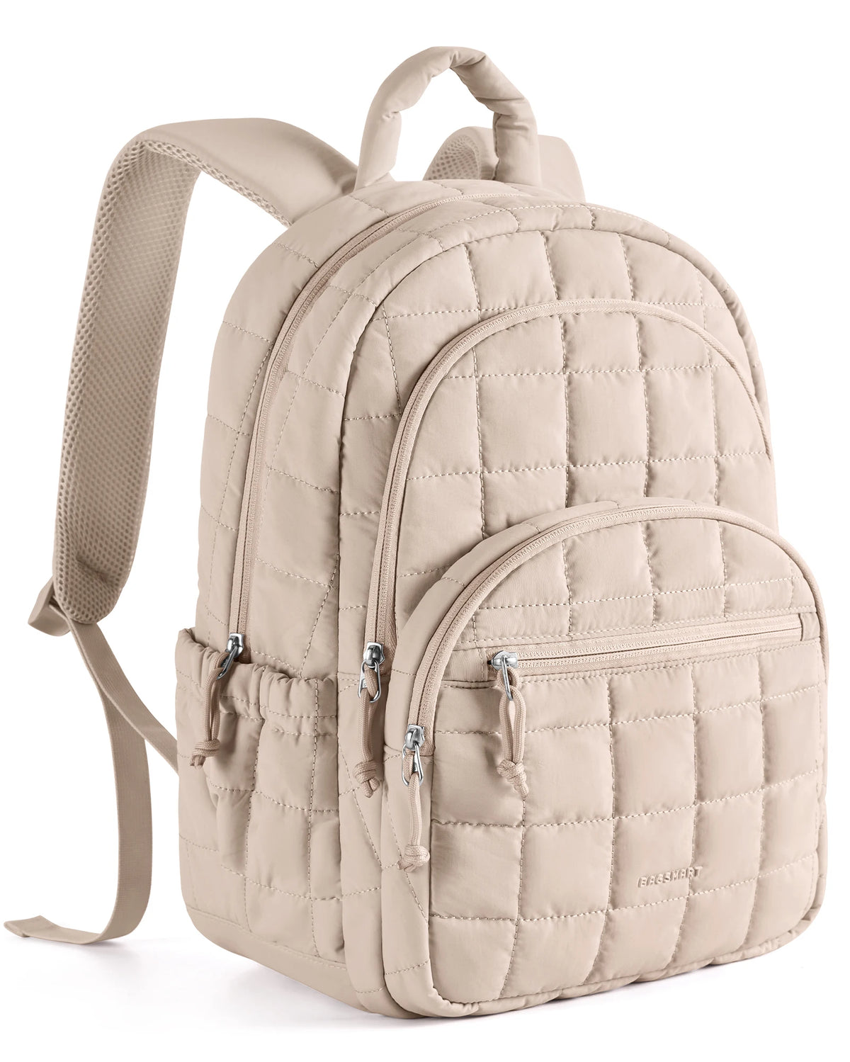 A beige quilted laptop backpack with a padded shoulder strap is shown from the back.