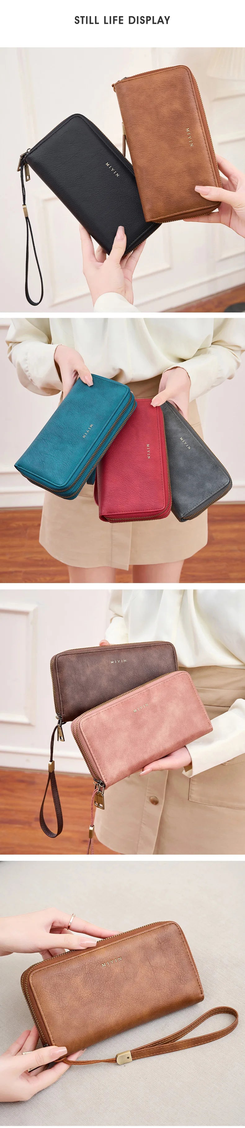 A collection of brown, black, and pink leather wallets are displayed in various angles and held by hands.