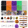 A Halloween polymer clay bracelet making kit featuring various colored and shaped clay beads and tools.