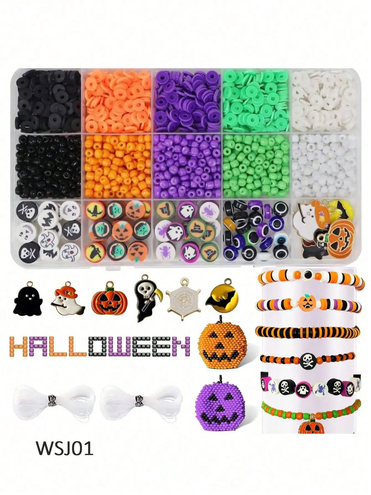 A Halloween polymer clay bracelet making kit featuring various colored and shaped clay beads and tools.