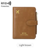 A light brown multi-functional PU leather travel wallet with a gold airplane emblem.