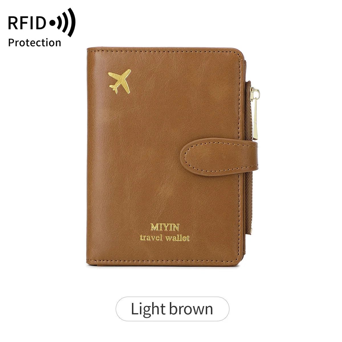 A light brown multi-functional PU leather travel wallet with a gold airplane emblem.