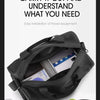 Black waterproof travel duffle bag shown open with a shoe compartment and a pair of white sneakers.