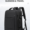 A black men's business and travel backpack shown from the rear view.
