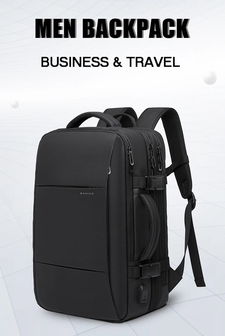 A black men's business and travel backpack shown from the rear view.