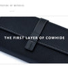 Close-up of the first layer of cowhide leather material used in a black bifold wallet.