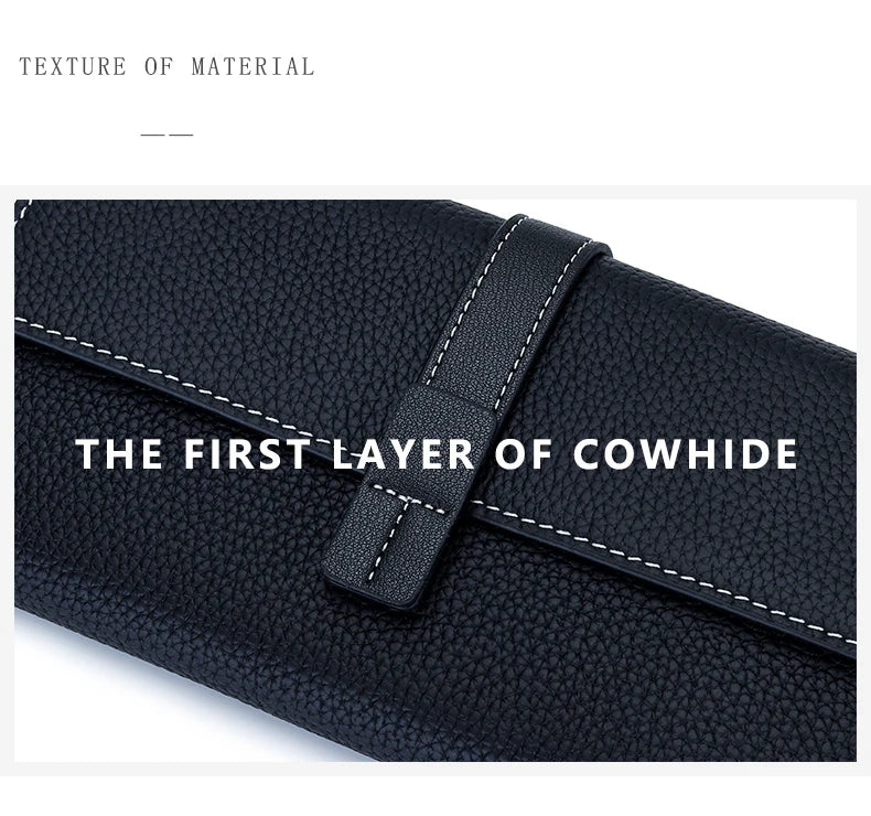 Close-up of the first layer of cowhide leather material used in a black bifold wallet.