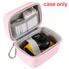 Pink hard shell camera travel case open showing a camera and accessories