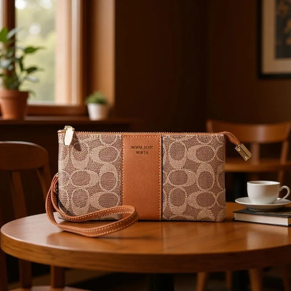 A tan faux leather mini crossbody bag with a monogram pattern rests on a wooden table in a warm indoor setting.