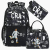 Black and white sports laptop backpack featuring a graphic of a soccer player and an attached rain cover.