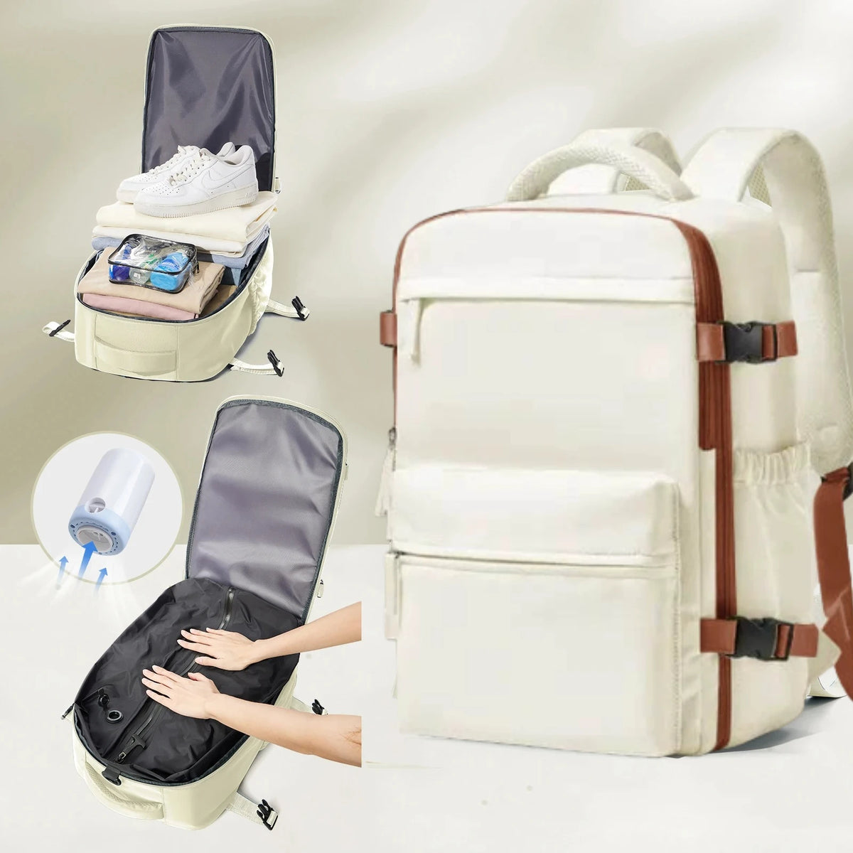 A beige expandable vacuum compression travel backpack shown with accessories and a close-up of the opening mechanism.
