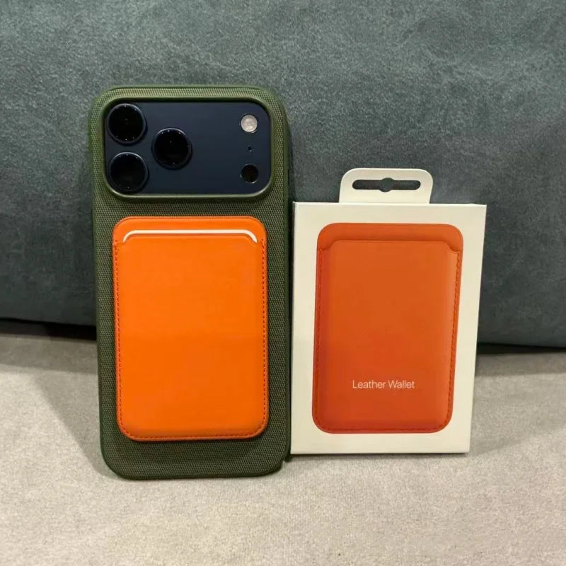 A green phone case with an orange accent is shown next to a white leather wallet.