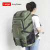 A large ArmyGreen travel backpack is shown being carried by a person against a white wall.