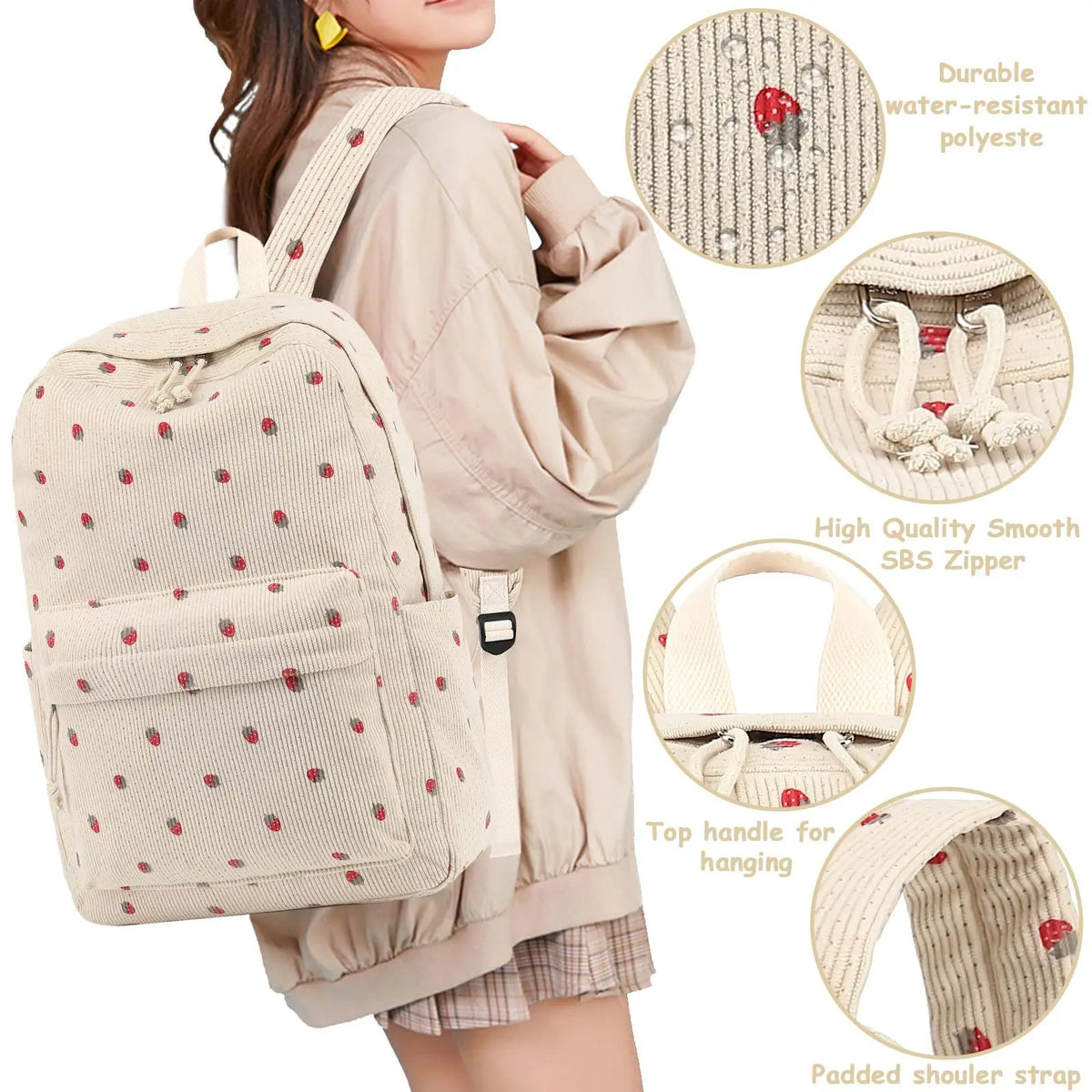 A beige strawberry patterned backpack with a padded shoulder strap and SBS zipper is shown on a person's back.