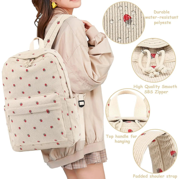 Beige Erdbeermuster-Rucksack mit gepolsterter Schulterriemen und SBS-Reißverschluss, von hinten dargestellt.