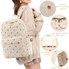 A beige strawberry patterned backpack with a padded shoulder strap and SBS zipper is shown on a person's back.