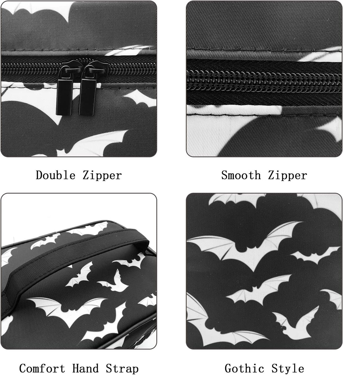 Cuatro vistas de una bolsa organizadora de maquillaje portátil para viajar con diferentes tipos de cremallera y patrones góti