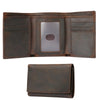 A brown genuine leather trifold wallet with a cardholder shown in an open and closed view.
