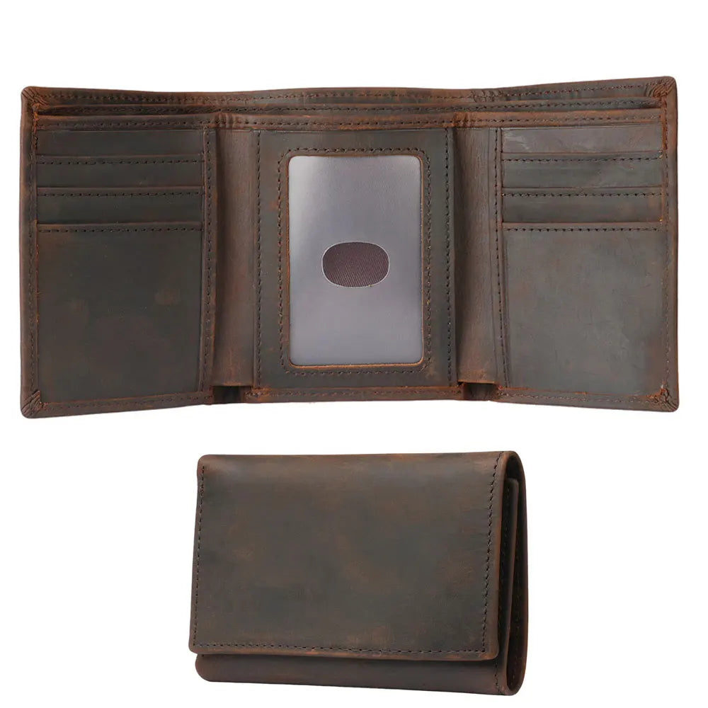 A brown genuine leather trifold wallet with a cardholder shown in an open and closed view.