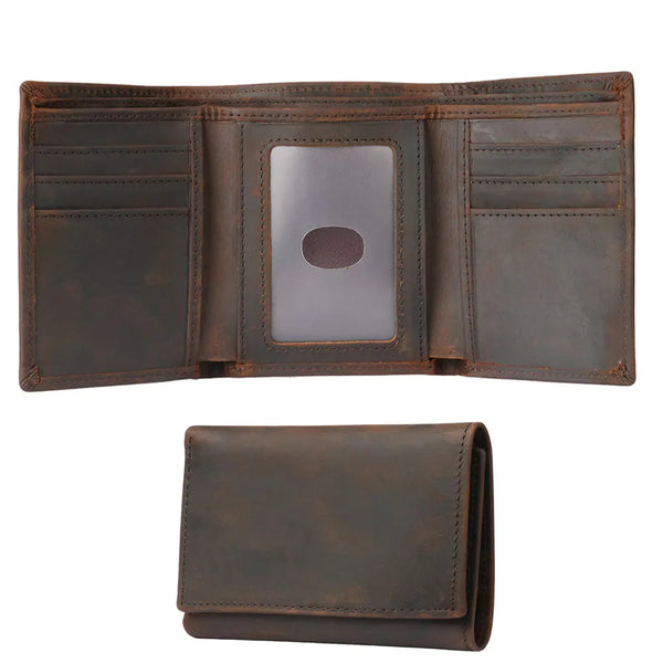 A brown genuine leather trifold wallet with a cardholder shown in an open and closed view.