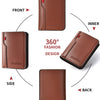 A brown ultra-thin PU leather credit card wallet shown from the front, inner, side, and back views.
