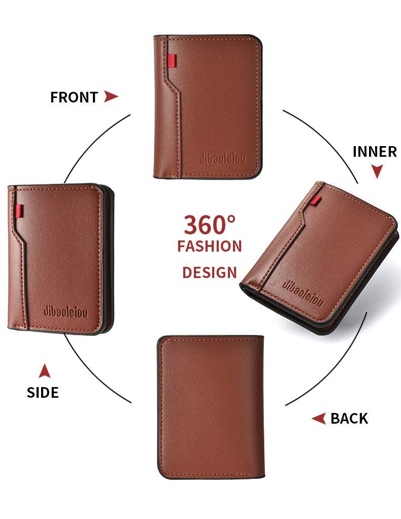 A brown ultra-thin PU leather credit card wallet shown from the front, inner, side, and back views.
