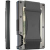 A slim metal RFID protection card holder wallet with a black sleeve and a gray strap for carrying.