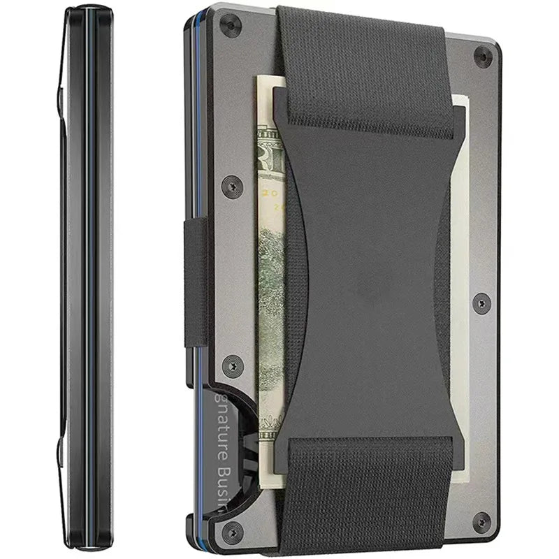 A slim metal RFID protection card holder wallet with a black sleeve and a gray strap for carrying.