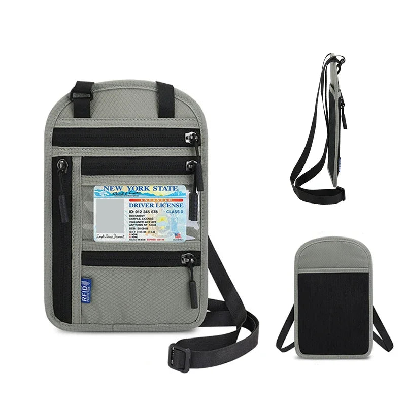 A gray RFID blocking neck wallet with a black strap and a separate black pouch shown in various views.