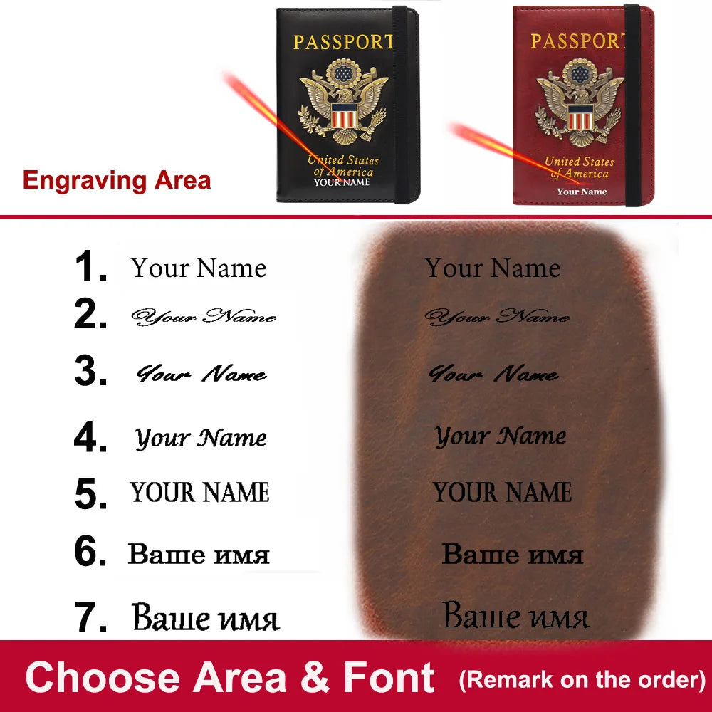 A set of leather passport holders featuring an engraved area for a name and a US Eagle badge design.