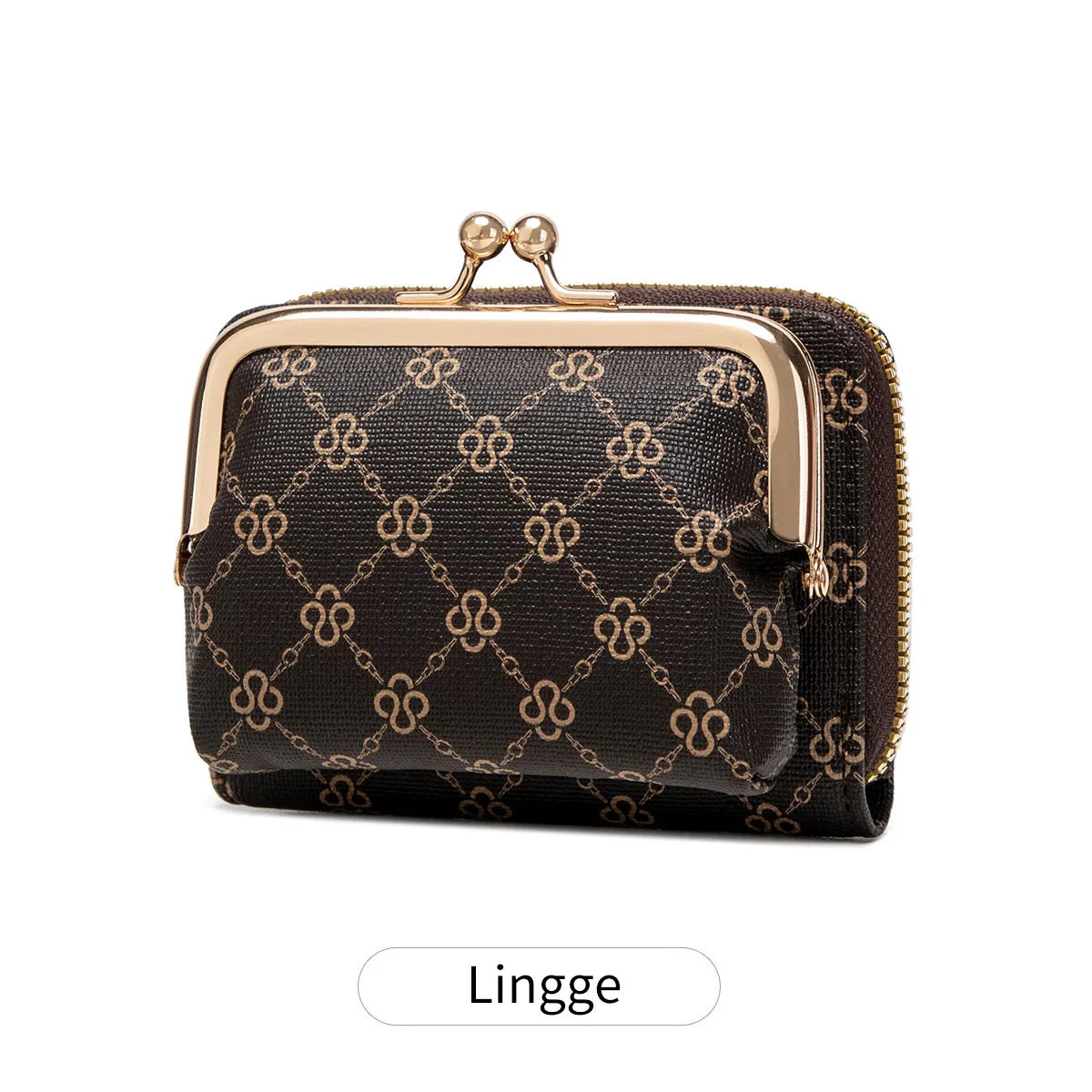 A dark brown leather accordion card holder wallet with a gold-toned clasp and a subtle geometric pattern.
