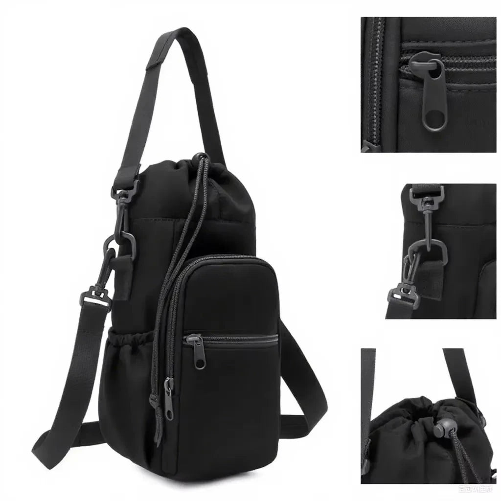 Black adjustable strap thermal water bottle bag shown with close-up details of the zipper and strap.